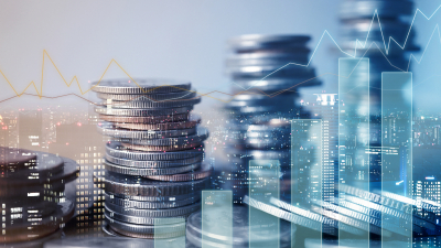 exposure of graph and rows of coins for finance and business concept